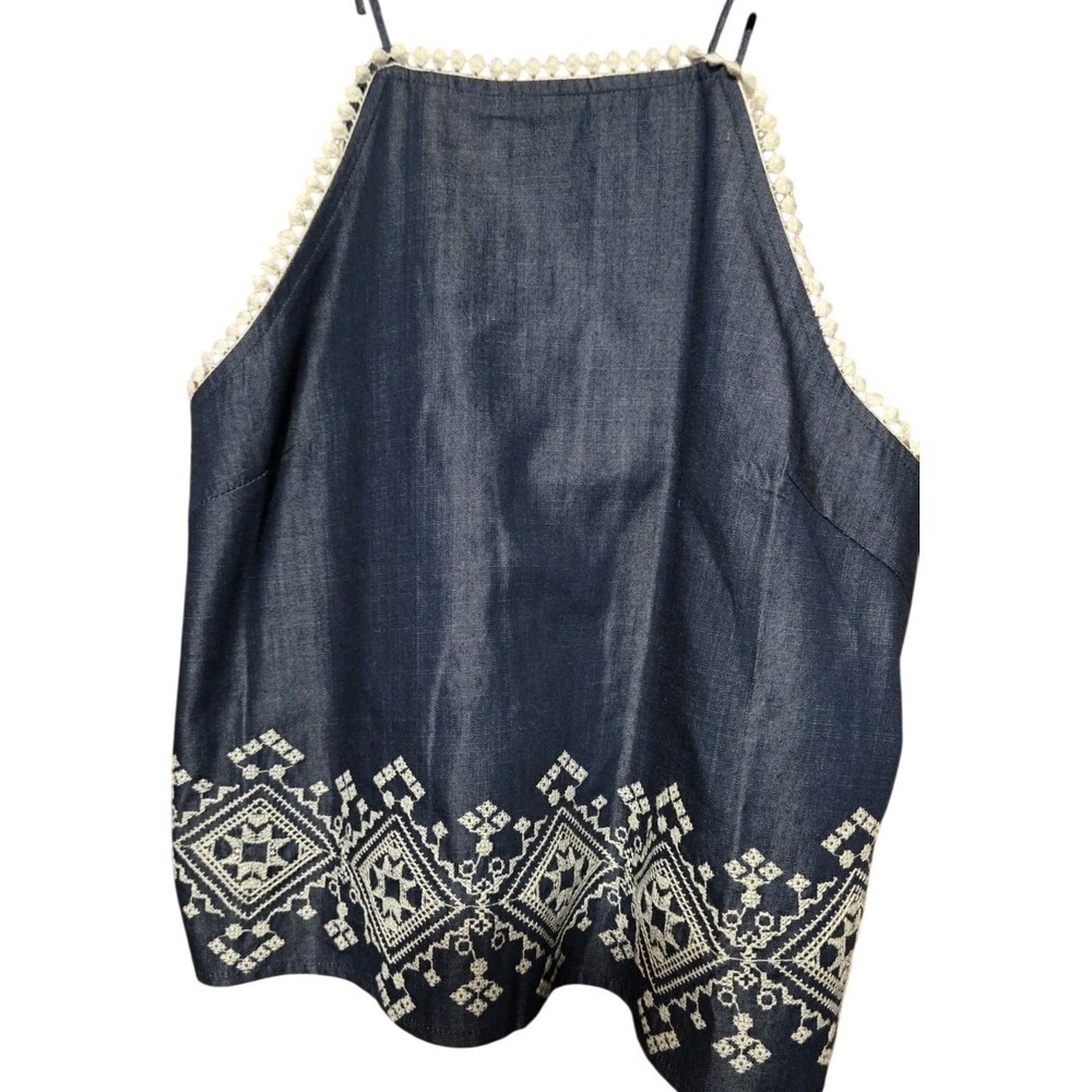 JOA Angeles Halter Top Womens Medium Blue Denim Embroidered Crochet Split Back